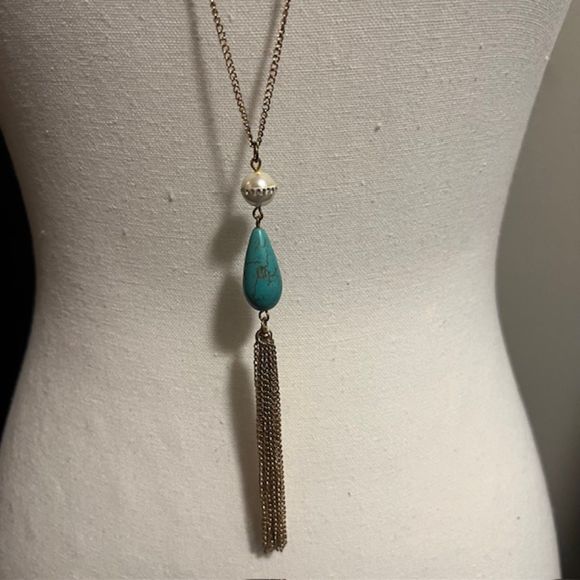 Long Gold Tone Chain Necklace Faux Pearl Turquoise Teardrop Tassel Pendant - Picture 4 of 5